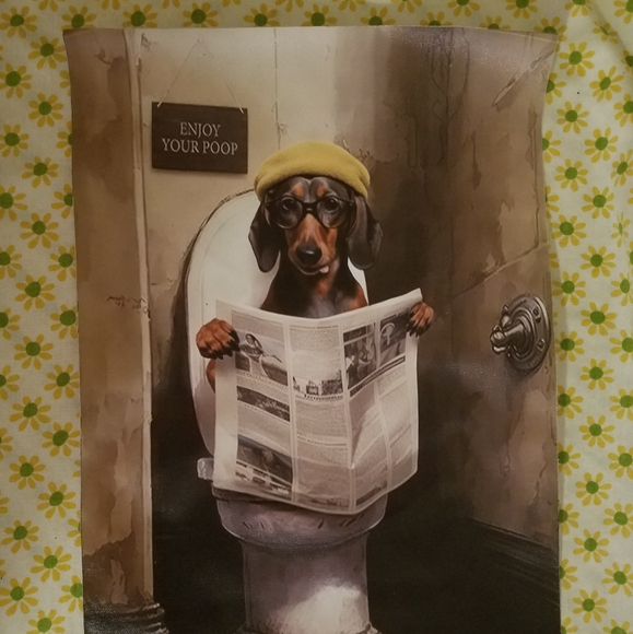 Framable Dachshund On Toilet Reading Newspaper Canvas Wall Decor Enjoy Your Poop - Picture 6 of 7